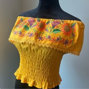 Gold and Red Smocked Flutter Sleeve Blouse